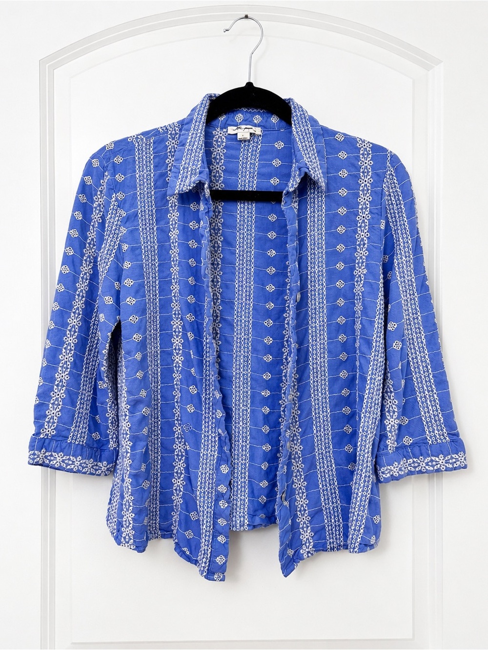 Blue Patterned Open-Front Women's Quarter Sleeve Shirt